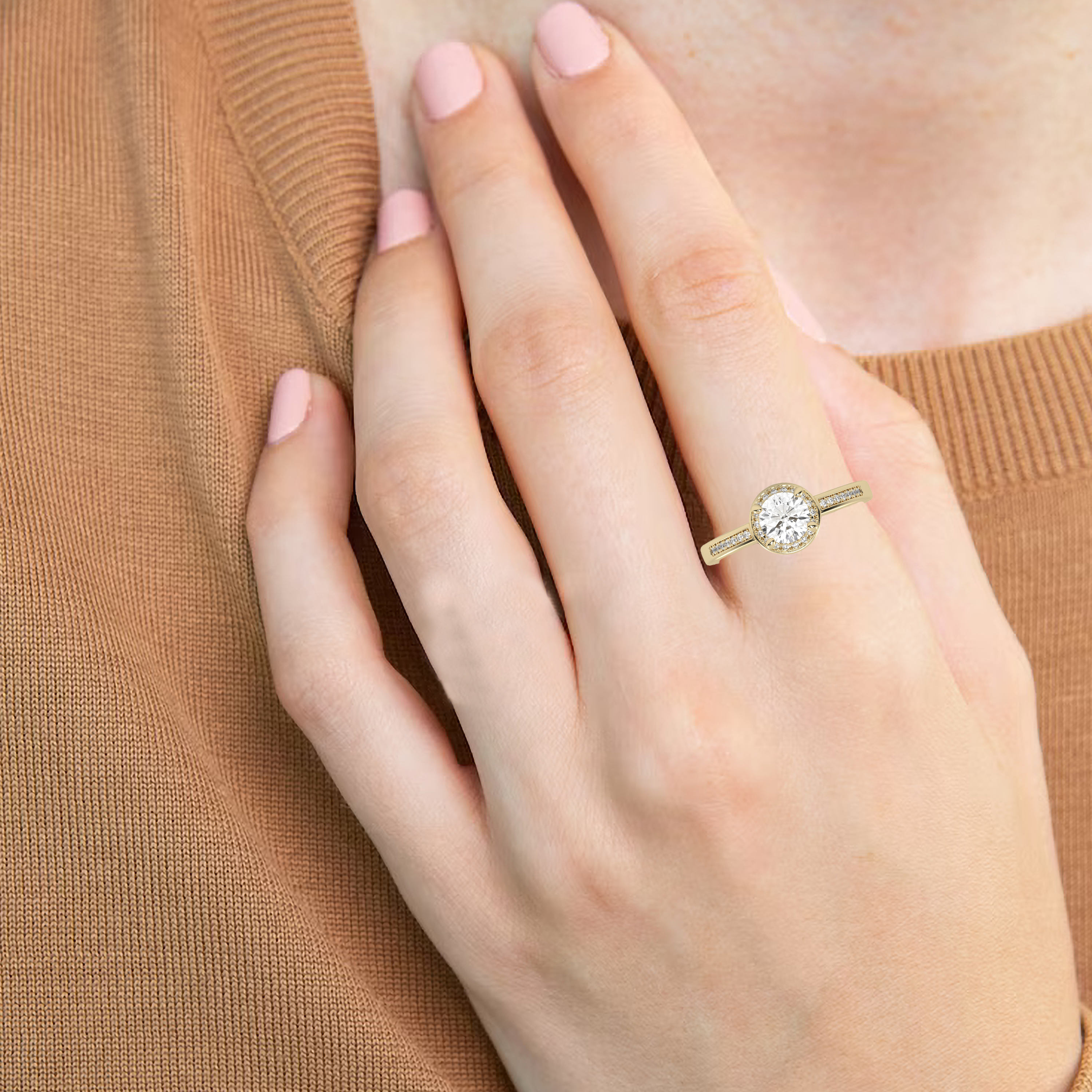 Yellow Gold Studded 0.77 Carat Lab Grown Diamond Ring-E Color VS1 Clarity.